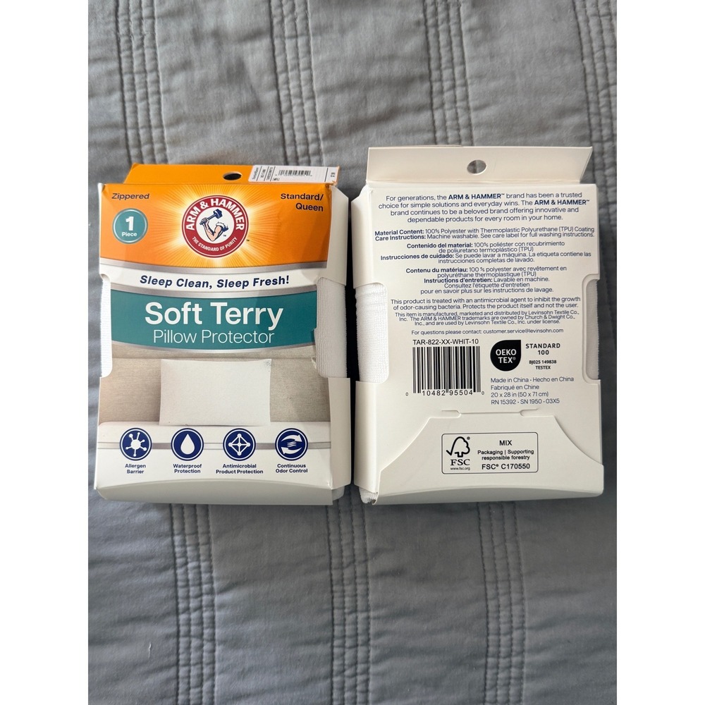 Arm & Hammer Waterproof‎ Pillow Protector 2 Pack Terry Zipper Std Queen
